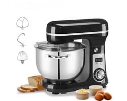 Lunekiss Keukenmixer 6L met RVS mengkom, LED-timer en 1200W stille DC-motor - 6 snelheden, standmixer met accessoires set - Zwart