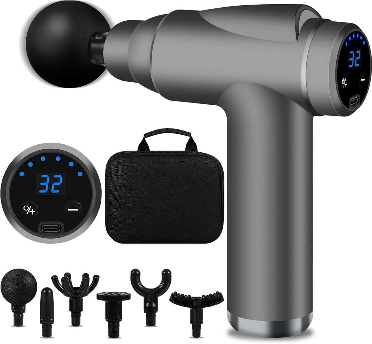 Massage Gun - Spier Stimulator - Spierherstel Bevorderen - 32 Instelbare Snelheden - 6 Massagekoppen - Grijs — afbeelding 1