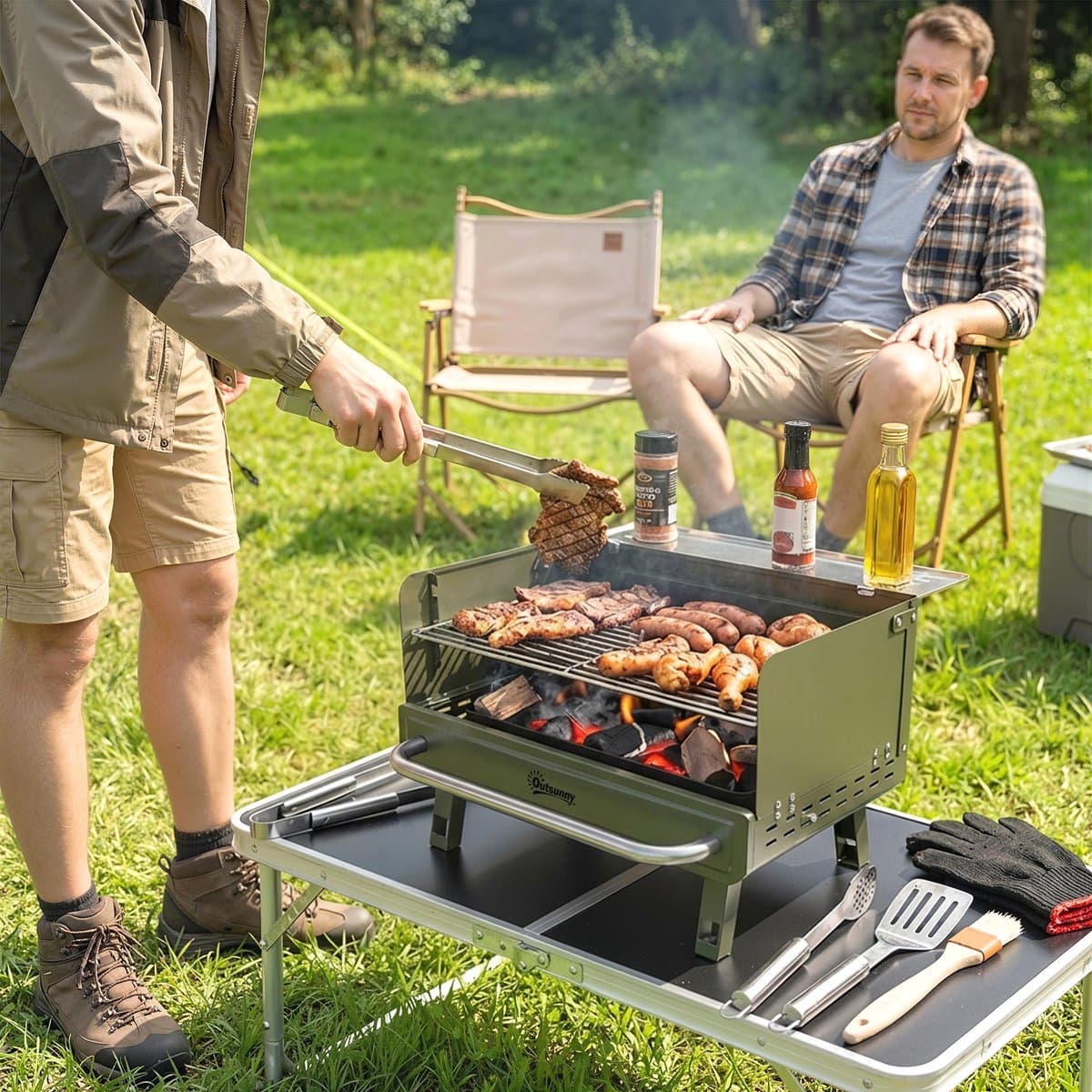Opvouwbare Houtskoolbarbecue - Draagbare BBQ Met Verstelbaar Grillrooster En Zijtafel - Groen - RVS Camping Grill — afbeelding 1