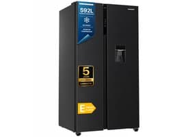 Heinner HSBS-HM592NFDXWDE++ Amerikaanse Side-by-Side Koelkast met Waterdispenser – 592 L – Full No Frost – LED Touch Display – InoxCool – Inox Antraciet – 5 Jaar Garantie