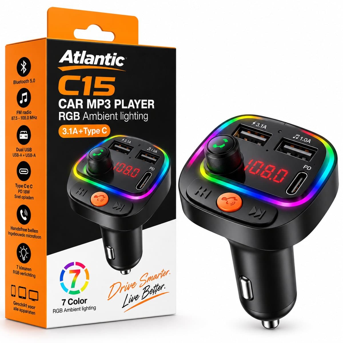 Atlantic® FM Transmitter Bluetooth 5.0 Auto – Bluetooth Adapter Autoradio – Carkit Handsfree Bellen – MP3 Speler – USB-C – 2x USB – 3.1A Quick Charge Autolader – RGB 7 Kleuren — afbeelding 1
