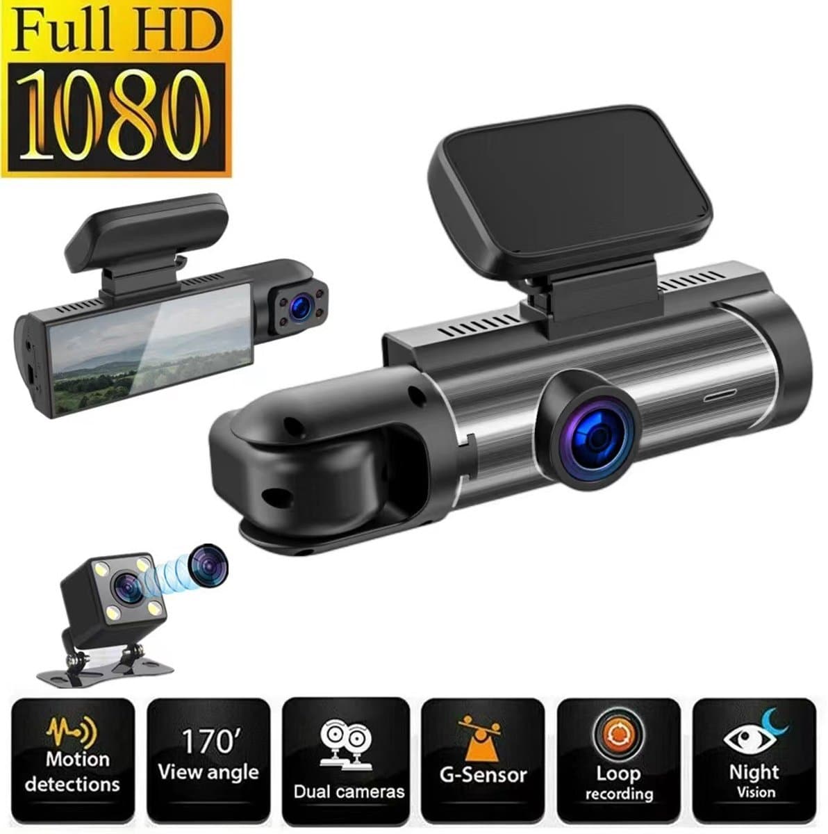 Dashcam voor auto - Inclusief WIFI & APP - Dubbele lens rijrecorder - Bewegingsdetectie en parkeermodus - G-sensor - Full HD - 170° groothoeklens - Loop-opname - Micro SD-kaart 32 GB — afbeelding 1