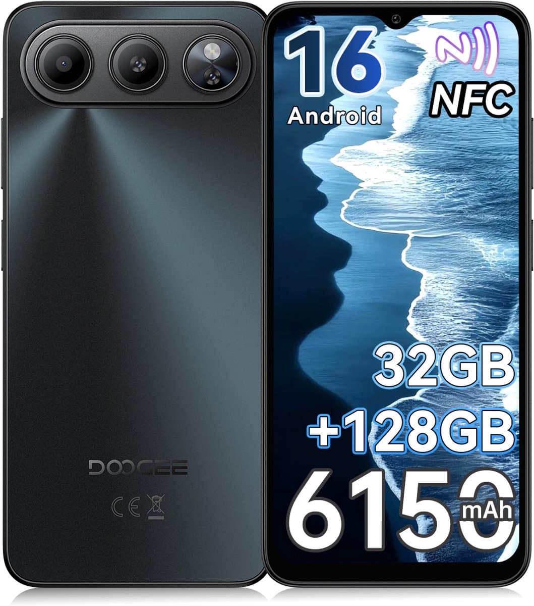 DOOGEE Note 60 Smartphone - 6,56" - Android 16 - 32GB(3+29) RAM - 128GB ROM - 6150 mAh - Lichtgewicht 190 g - 3,5 mm hoofdtelefoonaansluiting - NFC - GPS - Zwart — afbeelding 1