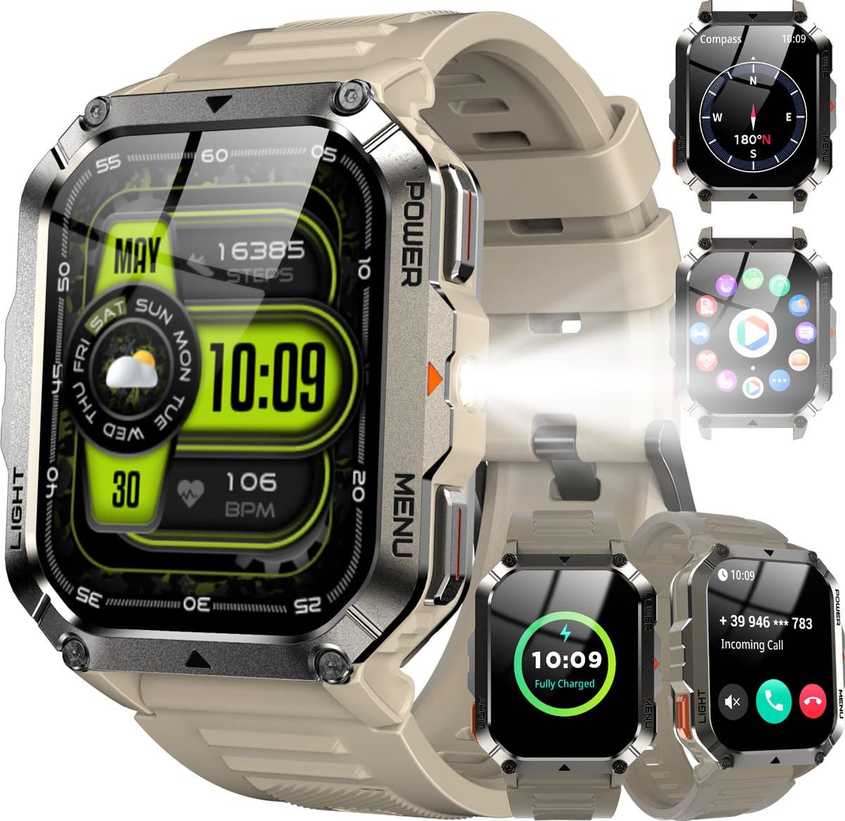 Robuuste Outdoor Smartwatch voor Heren – Bellen | Gebeld Worden – Waterdichte Fitnesstracker met Bloeddruk – Hartslag – SpO2 en Slaapmonitoring - Sporthorloge - Tactische Bluetooth Smart Watch voor iOS/Android - Khaki — afbeelding 1