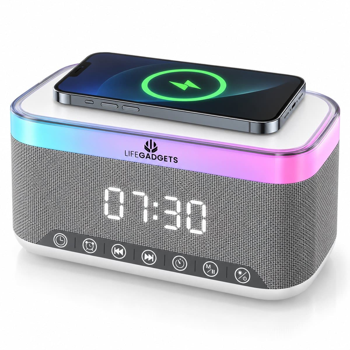 LifeGadgets Digitale Wekkerradio – Digitale Klok Slaapkamer – 15 W Draadloos opladen - Speaker met bluetooth - 13 Lichtstanden - Lichtwekker – Wekker voor kinderen & volwassenen – Netstroom – Alarmklok – Wit — afbeelding 1