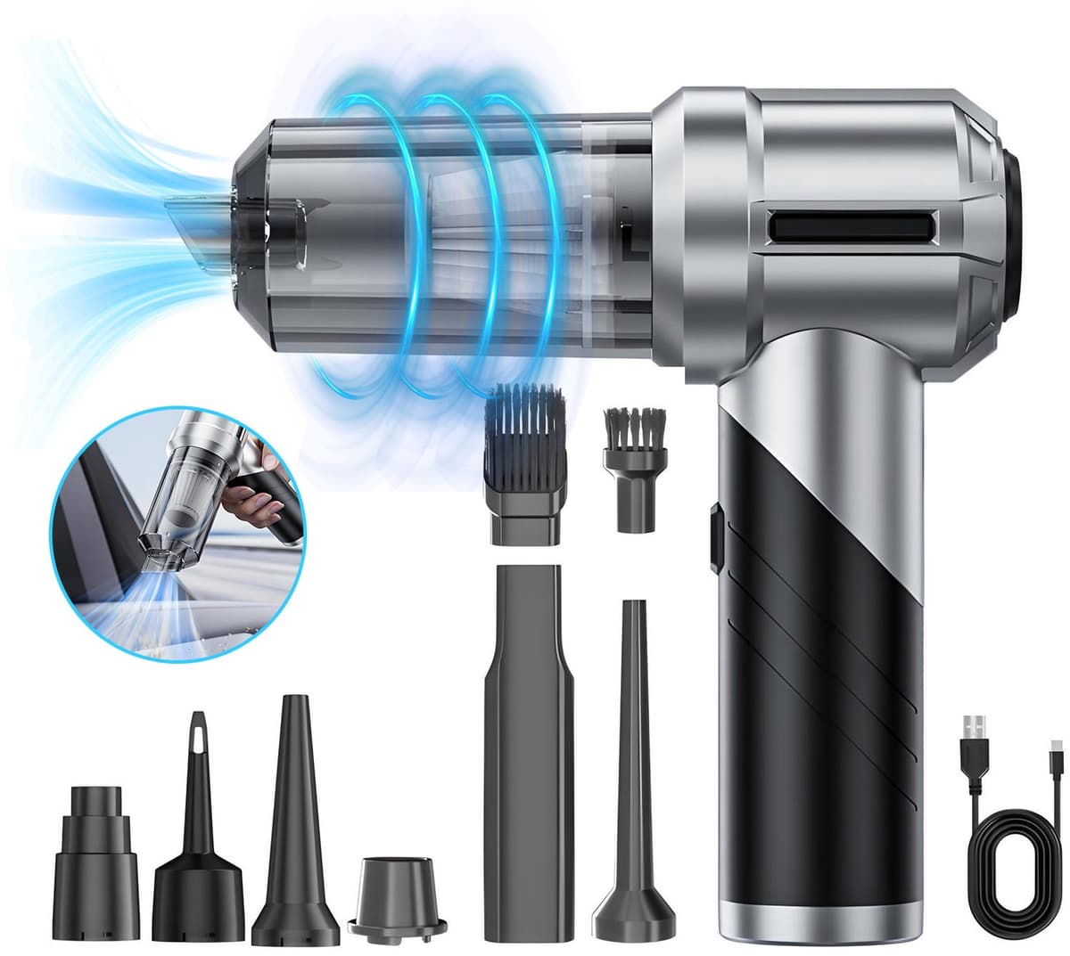 4-in-1 Auto Stofzuiger - Kruimeldief - Zuigen & Blazen - 6 Opzetstukken - Draadloos – USB-C - Krachtige Handstofzuiger - Air Duster - 15Kpa — afbeelding 1