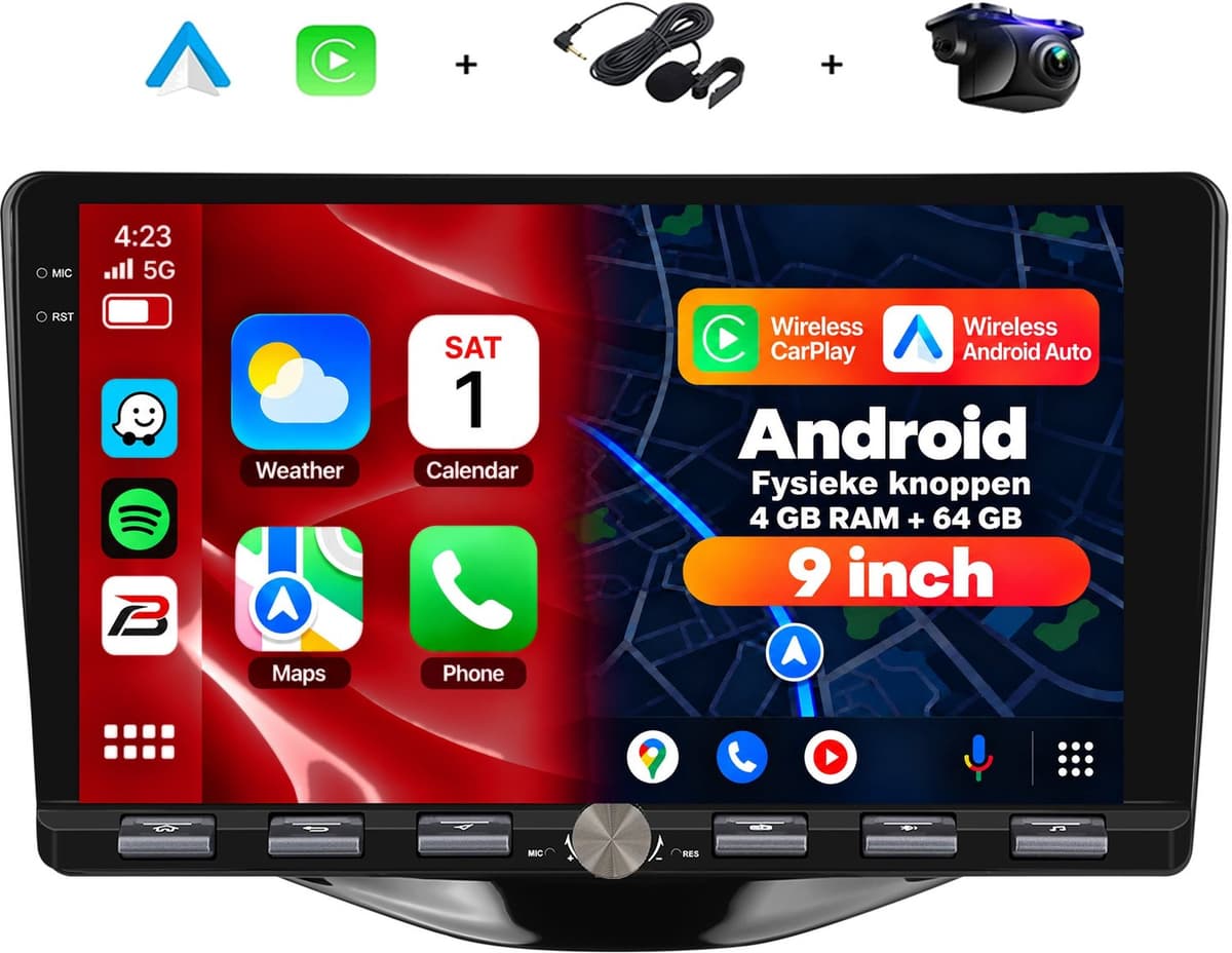 Boscer Autoradio - Geschikt voor Toyota Aygo, Citroën C1 & Peugeot 108 (2015–2020) - 4+64GB Android 15 - 9 Inch HD Touchscreen (1280x720) - Draadloze Apple CarPlay & Android Auto - GPS, WiFi & Bluetooth - Camera & Microfoon — afbeelding 1