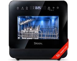 Skoov Vrijstaande mini vaatwasser met waterreservoir - Afwasmachine vrijstaand - Dishwasher - Vaatwas - Met bestekmand - Kleine vaatwasmachine - Smalle - Tafel - Camping - Zwart - Compact - 3 Couverts - 7 wasprogramma’s