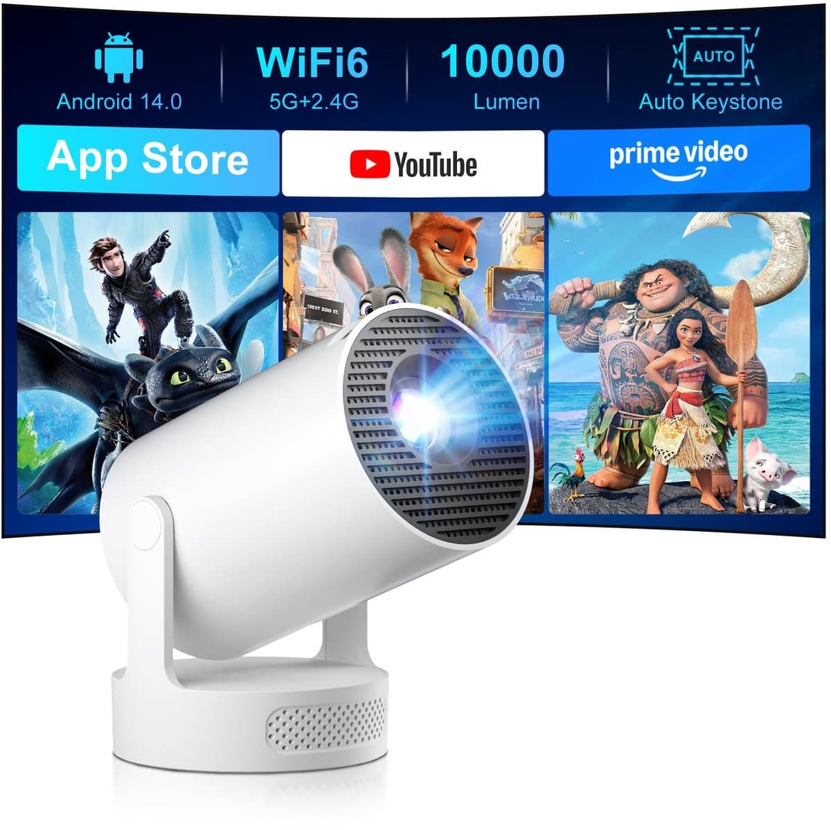 Mini Beamer – Native 720p – Android 14 – WiFi 6 – Bluetooth 5.4 – 180° Draaibaar – 300 ANSI Lumen — afbeelding 1