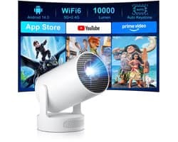 Mini Beamer – Native 720p – Android 14 – WiFi 6 – Bluetooth 5.4 – 180° Draaibaar – 300 ANSI Lumen