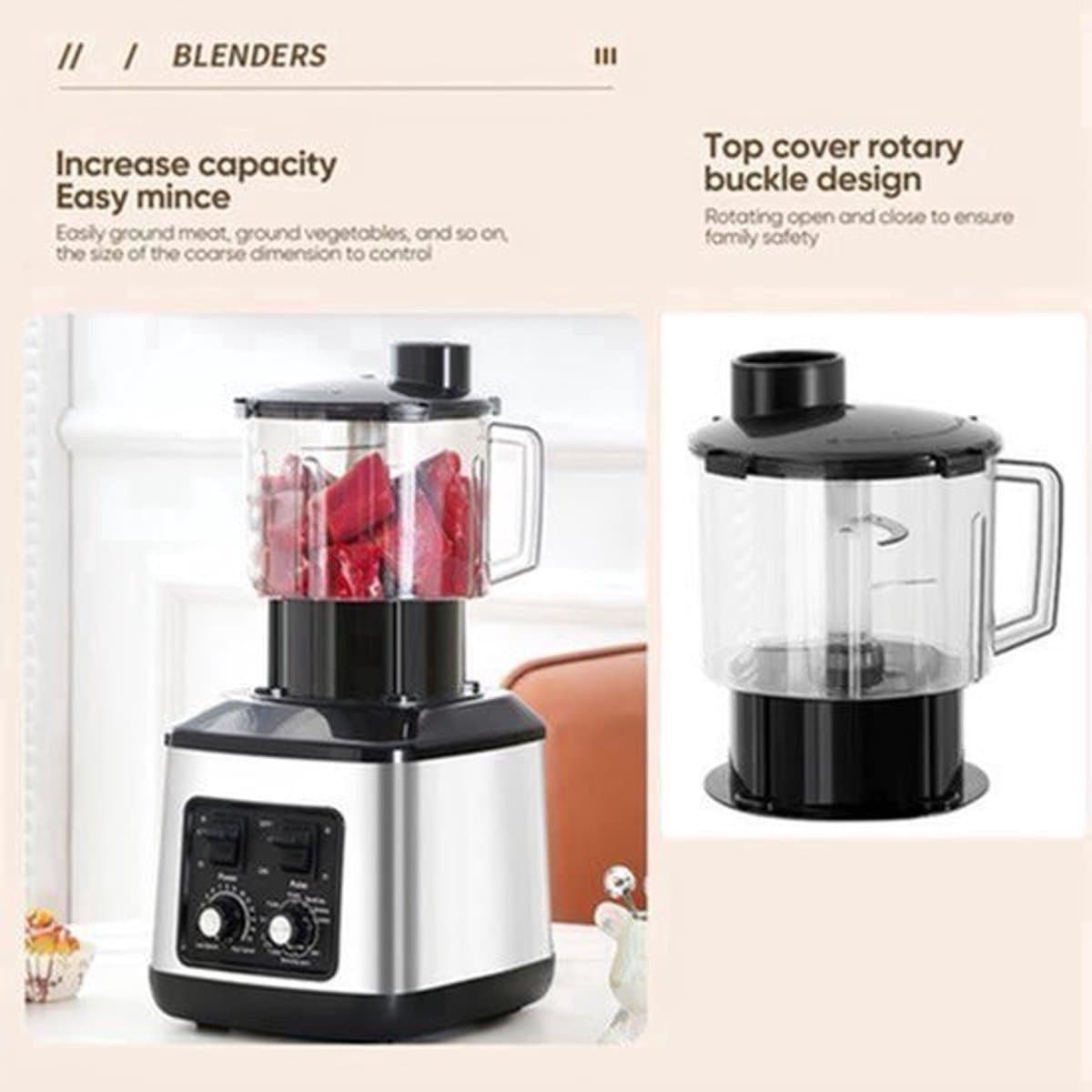 Multifunctionele Keukenmachine – Blender – Food Processor – Sapmaker – IJscrusher – Grote Inhoud 3L+1,5L+0,5L – Krachtige 9500W Motor – Stille Frequentie Technologie — afbeelding 1