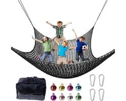 Klimnet voor speelplaats, 1 x 3 m, dubbellaags, veiligheidsnet voor kinderen, 4 haken, 8 bellen, voor gebruik binnen en buiten, valpreventie (zwart)