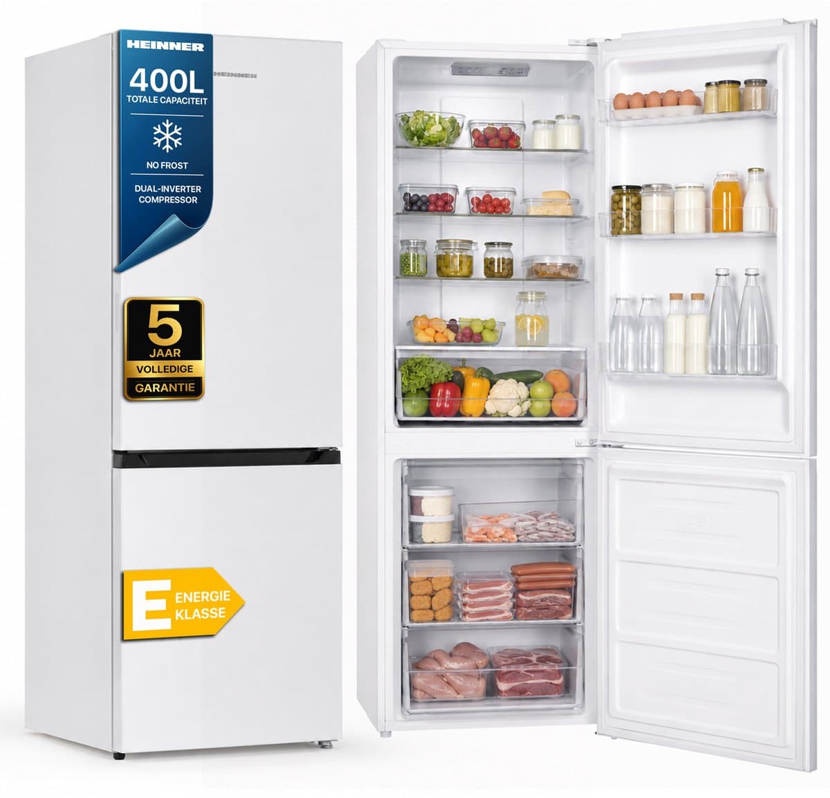 Heinner HCNF-HM400INVE++ Koel-vriescombinatie – 400 L – No Frost – MaxStorage – Dual Inverter Technologie – Elektronische Bediening – Super Freeze – Open-deur Alarm – LED-verlichting – Wit – 5 Jaar Garantie — afbeelding 1