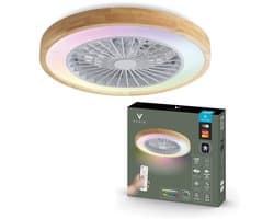 Varin® Smart Ventilator met verlichting - Licht hout - Tuya Wifi - LED RGBW - Ø 50cm - 36W - Afstandsbediening smart lamp - Plafondlamp slaapkamer - Plafonniere woonkamer - Plafondlampen - Plafond lamp - Verlichting kinderkamer - Ventilator