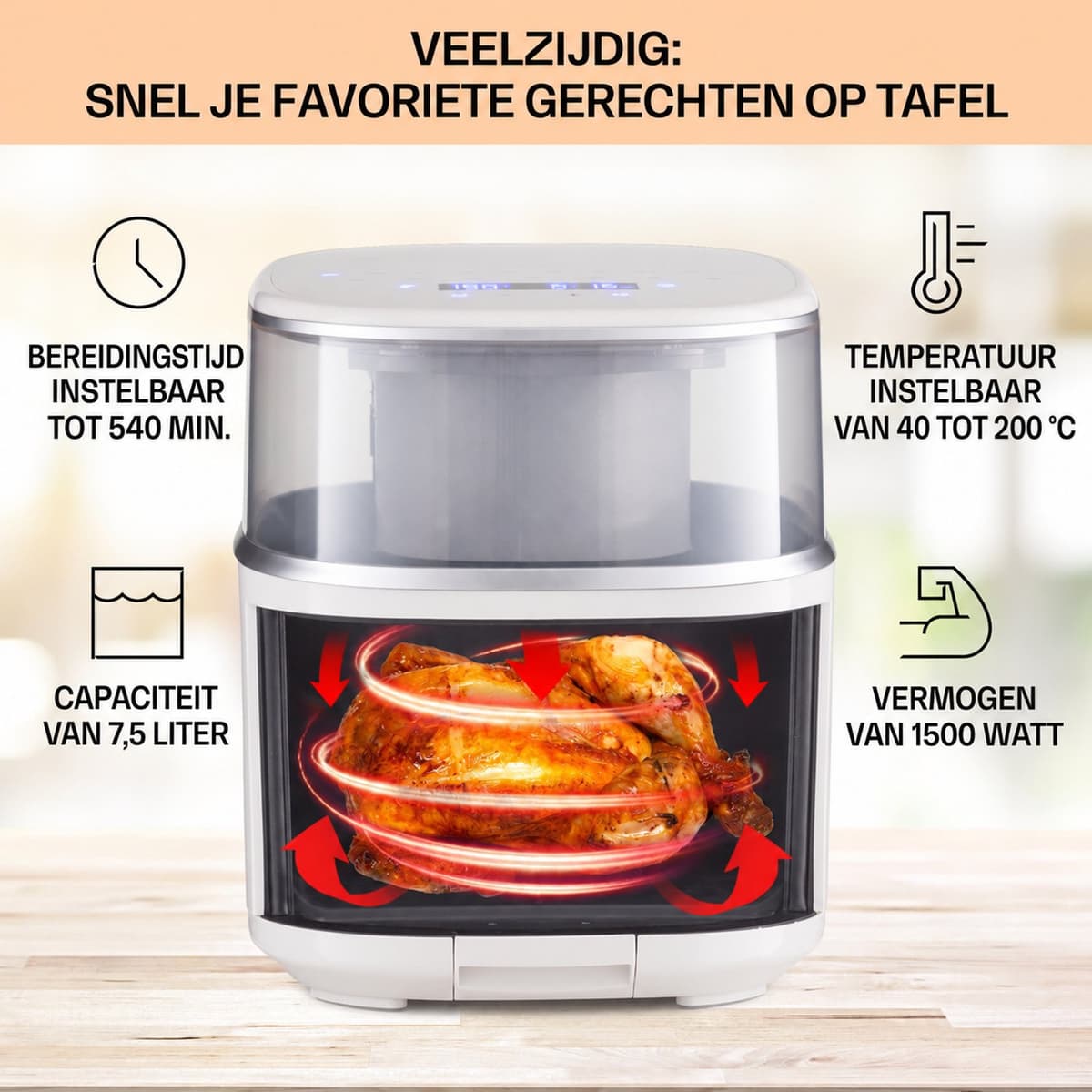 Airfryer Met Stoomfunctie - 7,5 Liter - 1500 W - 16 Kookprogramma’s - Touchscreen - Instelbare Temperatuur - Timer - Vaatwasserbestendige Onderdelen - Crème — afbeelding 1