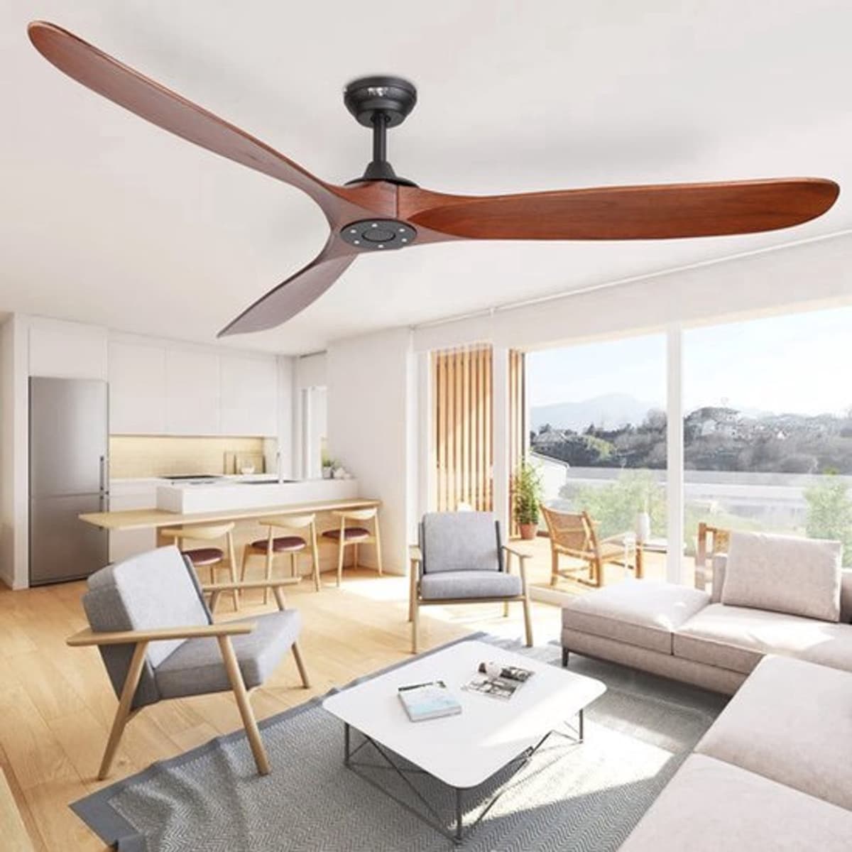 Plafondventilator Walnoot - 178 cm Bladen - 6 Snelheden - Hout Metaal - Voor Binnen En Buiten - Ventilator — afbeelding 1