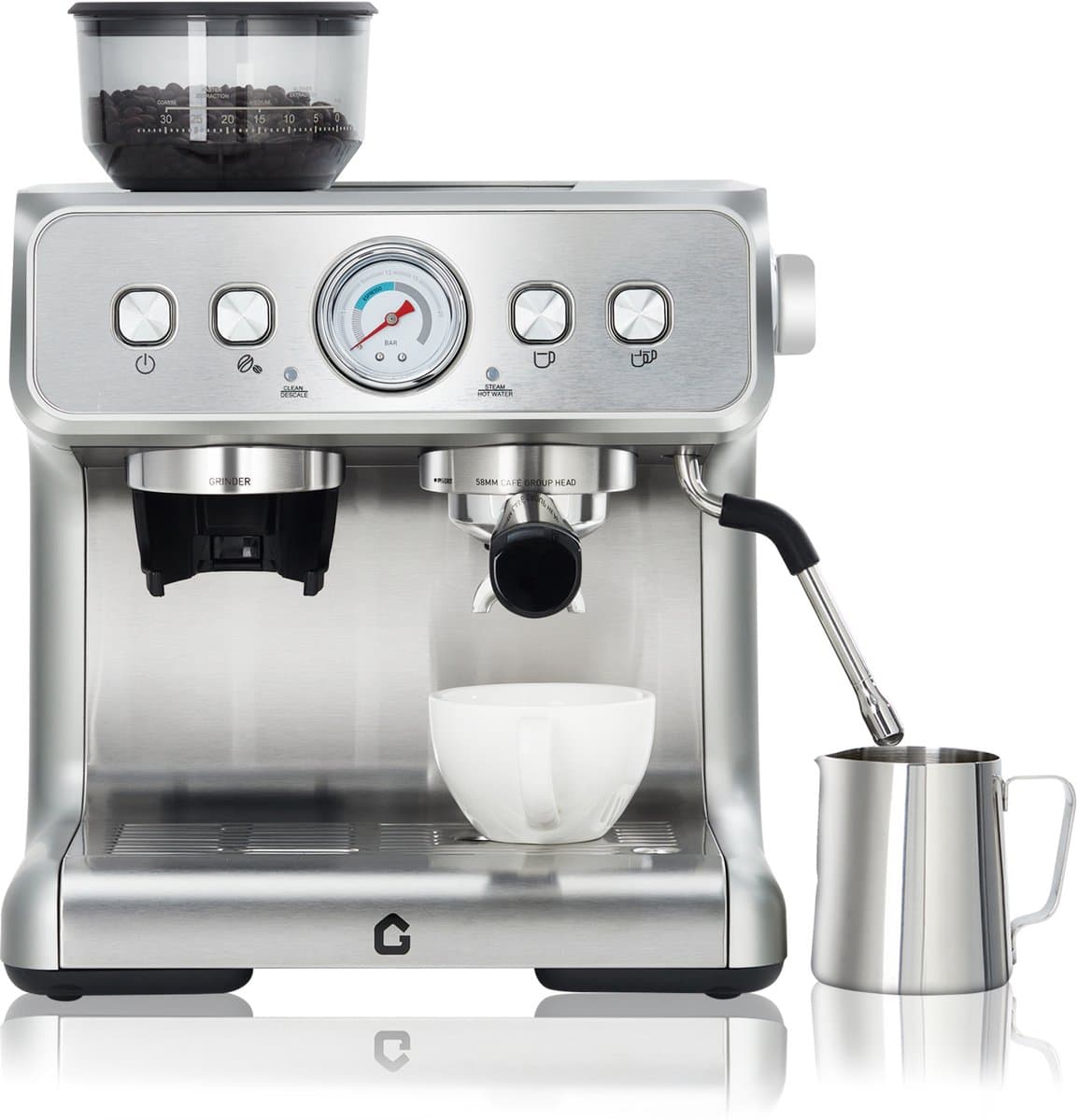 Espressomachine RVS met Bonenmaler - 42x40x48cm - Koffiemachine - 20 Bar Druk - 1400W - Afneembare 2.8L Watertank - met Stoompijp - Voor Thuis En Kantoor - Zilver — afbeelding 1