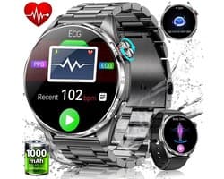 FOSMET Smartwatch Heren en Dames - Horloge Heren - 1,74 inch - AMOLED Scherm - 5ATM Waterdicht - 150+ Sportmodi - Waterdicht - Stappenteller - Hartslagmeter - Slaapmonitor - Belfunctie - Geschikt voor Android en IOS-Elke pols - Zwart