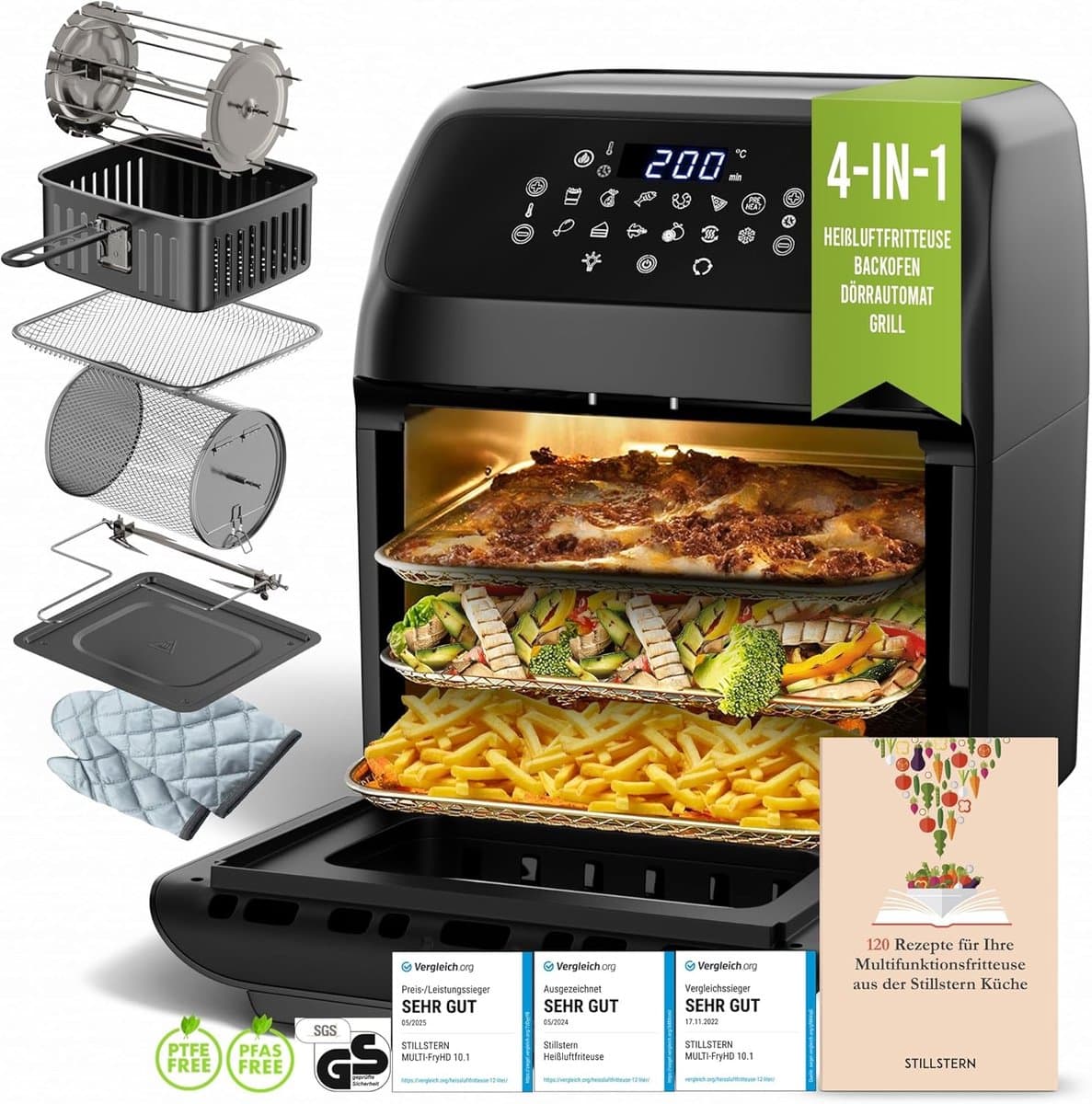 Stillstern Heteluchtfriteuse 12 l met led-touchscreen, XXL-receptenboek in het Duits, 12 programma's, voorverwarmen en warmhouden, 1800 W heteluchtfriteuse Air Fryer XXL zonder olie Drogen Minibakoven Campinggrill — afbeelding 1