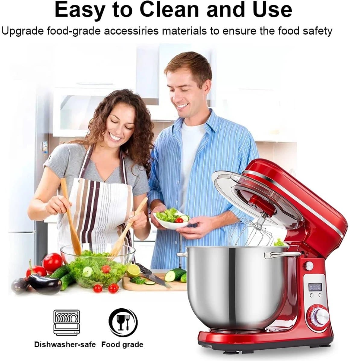 Lunekiss Keukenmixer 6L met RVS mengkom, LED-timer en 1200W stille DC-motor - 6 snelheden, standmixer met accessoires set - Rood — afbeelding 1