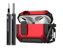 Rood robuust hoesje voor oordopjes met carbon look geschikt voor AirPods Pro 2 inclusief schoonmaakset en karabijnhaak – schokbestendig en duurzaam
