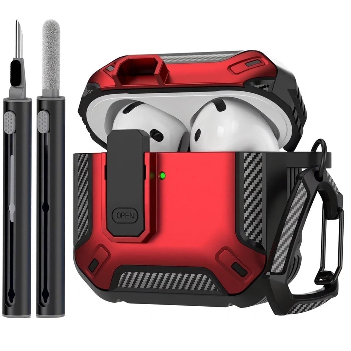 Rood robuust hoesje voor oordopjes met carbon look geschikt voor AirPods 4 inclusief schoonmaakset en karabijnhaak – schokbestendig en duurzaam — afbeelding 1