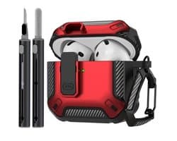 Rood robuust hoesje voor oordopjes met carbon look geschikt voor AirPods 4 inclusief schoonmaakset en karabijnhaak – schokbestendig en duurzaam