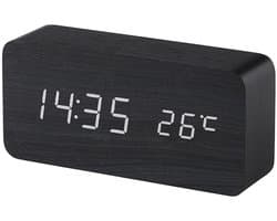 QTTVBTNA -Digitale wekker, houten design, elektronisch led-display, tijd- en datumweergave, temperatuur- en vochtigheidsmeting, 3 alarminstellingen, 3 helderheidsniveaus, geschikt voor thuis, slaapkamer, kantoor en op reis - zwart