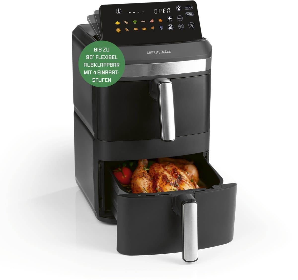 GOURMETmaxx FryUp XL verticale heteluchtfriteuse met dubbele kamer - 12 l | Airfryer met 9,6 inch multicolor led-touchdisplay en 12 programma's | Heteluchtfriteuse met 2 kamers | SYNC- en MATCH-functie — afbeelding 1