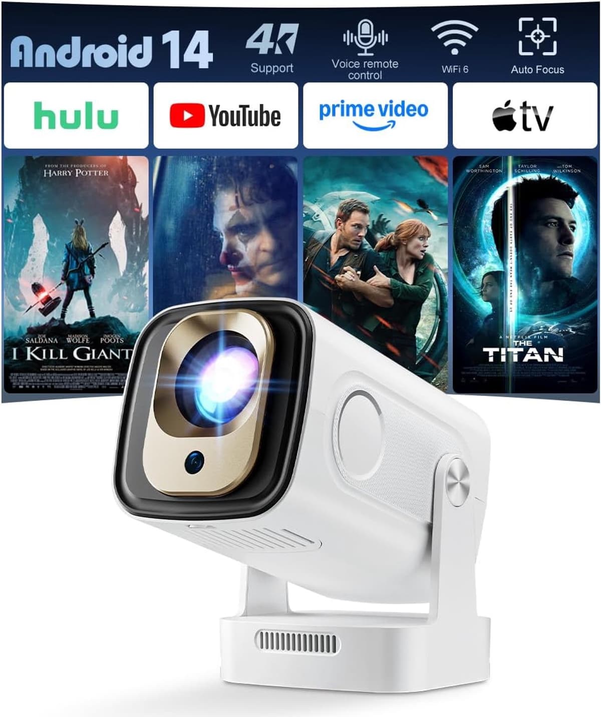 4K Smart Beamer,Mini-projector met wifi 6,Bluetooth 5.4,1080p Full HD Draagbare Projector met Android 14.0,270 graden rotatie,Home Cinema Proyector voor Slaapkamer Buiten en — afbeelding 1