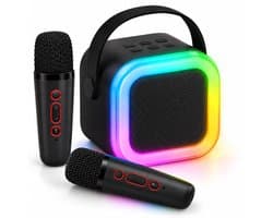 Cheqo® Karaoke Set met 2 Draadloze Microfoons - Karaoke Machine voor Kinderen en Volwassenen - RGB LED Verlichting - Party Speaker met Microfoon - Draagbare Luidspreker met Handvat - Muziekbox - Echo Effect - Oplaadbaar met USB - Zwart — afbeelding 1