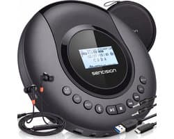 Sencision Draagbare CD Speler met Bluetooth 5.1 - Discman - CD Speler Bluetooth - USB-C Oplaadbaar - Anti-Shock - Oordopjes en Opberghoes - Zwart