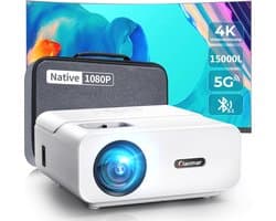 Full HD 1080P Beamer met 15.000 Lumen en 5G WiFi - Mini Thuisbioscoop, 4K Ondersteund, Geschikt voor iOS/Android/TV Stick/Laptop/PS5