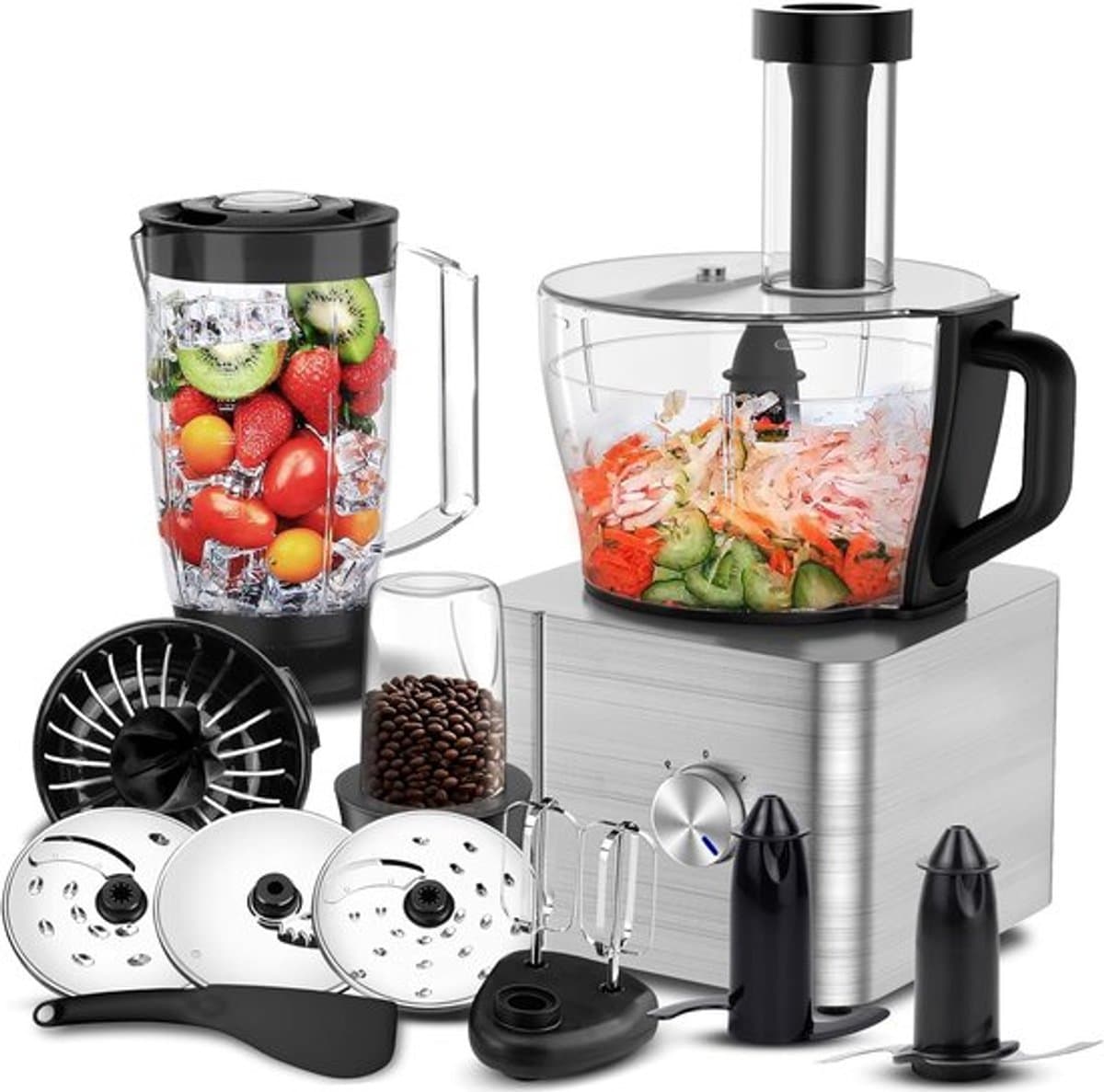 SnelShoppen - Multifunctionele Food Processor 1100W, 3.2L Mengkom, Keukenmachine Voor Koken, Hakken, Kneed, Mixen en Malen, Zilver — afbeelding 1