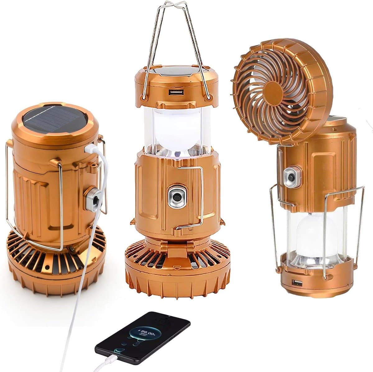 Campinglantaarn met ventilator, opvouwbare zaklamp/lantaarn, USB-oplaadbaar, werkt op zonne-energie en batterijen, campinglamp voor picknick, barbecue, vissen, reizen, oplaadbare noodverlichting (goud) — afbeelding 1