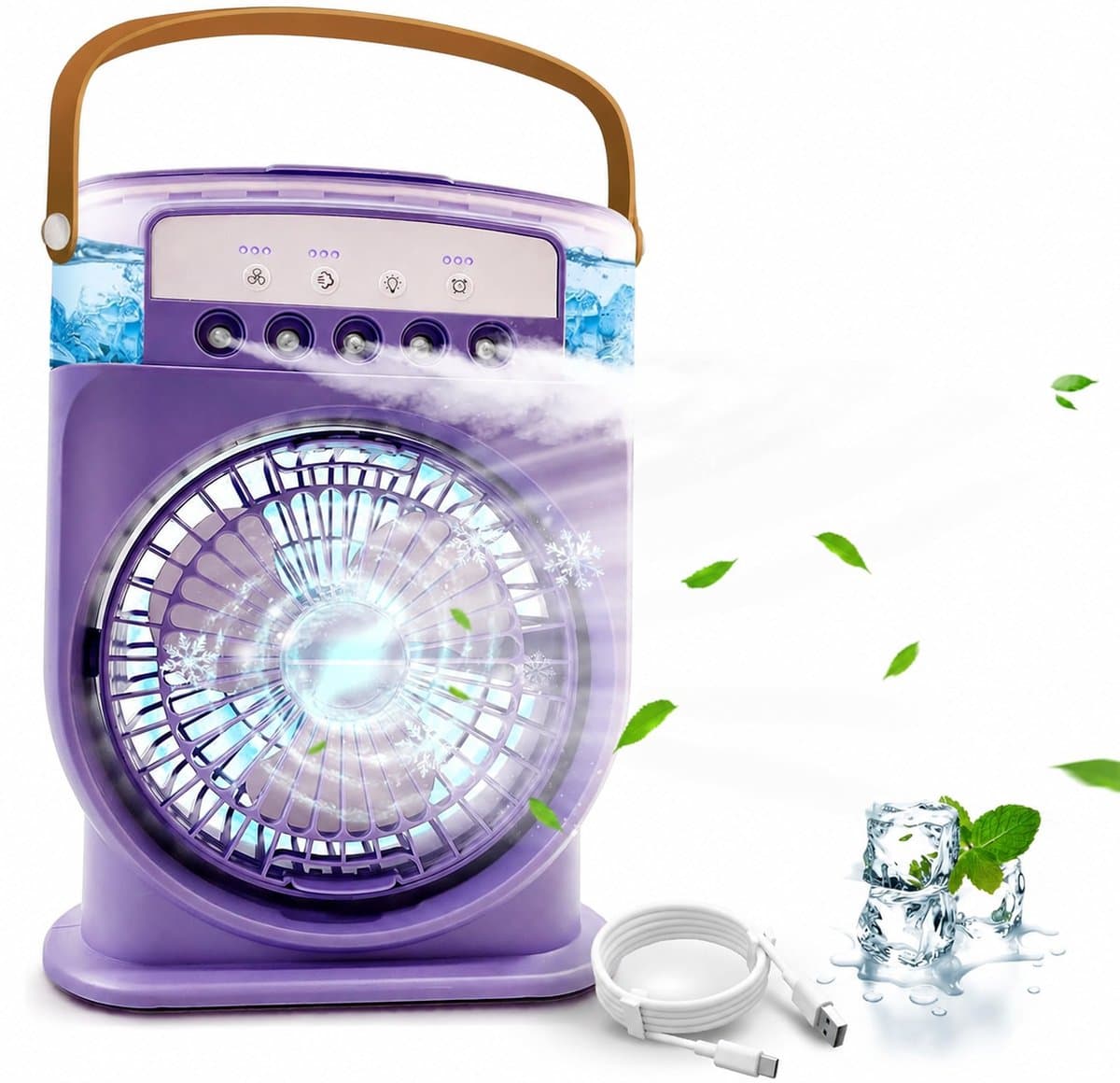 Draagbare mini-airconditioning, 4-in-1, mini-ventilator met waterkoeler, stille airconditioning, verdampingsventilator zonder slang, oplaadbaar, luchtbevochtiger type C met timer (paars) — afbeelding 1