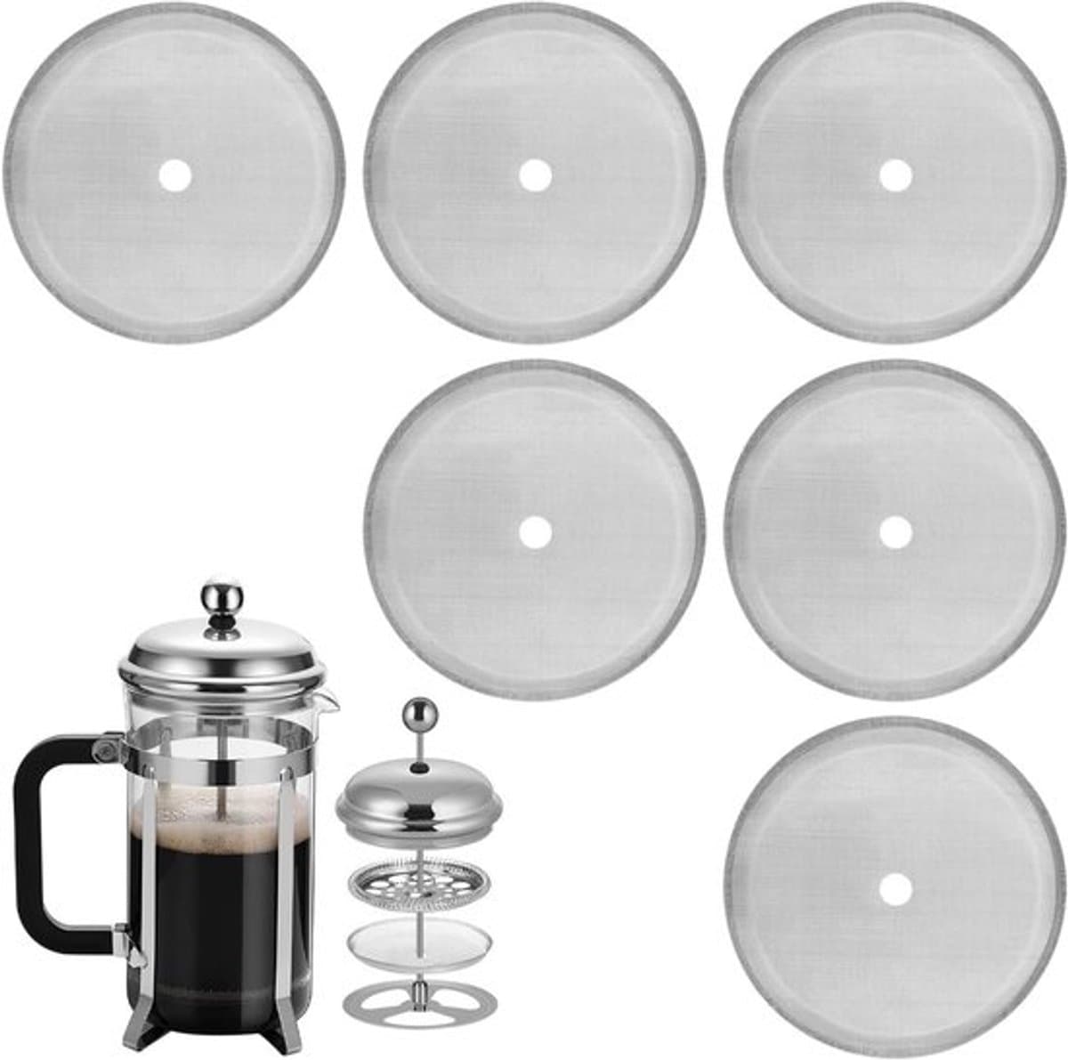 6 stuks vervangende filter-mesh-schermen voor cafetière, herbruikbaar RVS French press-filter voor 8 kopjes koffie, ideaal voor 1000 ml koffiezetapparaten — afbeelding 1