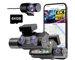 Dashcam voor auto - Zwart - 3 inch IPS scherm - 4K UHD + Full HD 3-kanaals camera - Met GPS, WiFi en 24-uurs parkeerbewaking