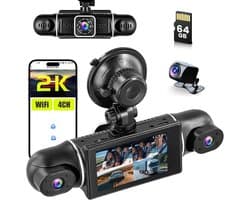 Dashcam voor auto - Zwart - 3 inch IPS scherm - 4-kanaals 2K + 1080p camera’s - Met wifi en app voor volledige bewaking