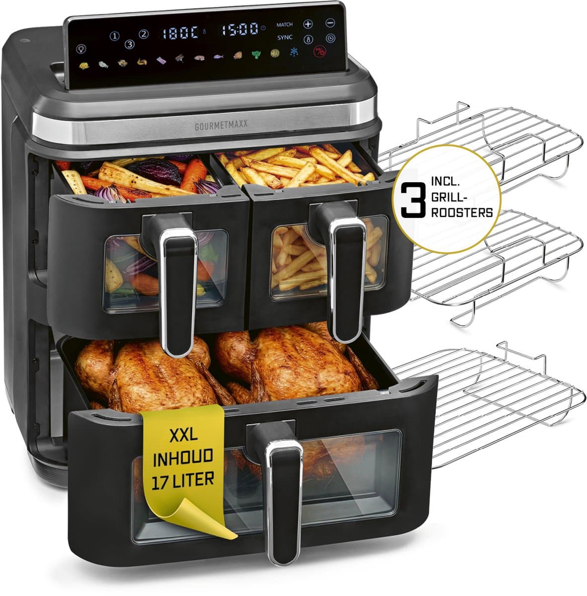 GOURMETmaxx FryUp3 Verticale heteluchtfriteuse 3 kamers | Airfryer XXL met 3 grillrekken en 3 kijkvensters | heteluchtfriteuse XXL - 17 l | Air Fryer friteuse zonder olie — afbeelding 1