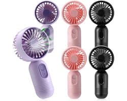 Set van 6 mini draagbare ventilatoren, schattig en lichtgewicht, compact en draagbaar, 3 windsnelheden, USB oplaadbaar, unisex, geschikt voor binnen- en buitengebruik, make-up en op reis (zwart, roze, paars).