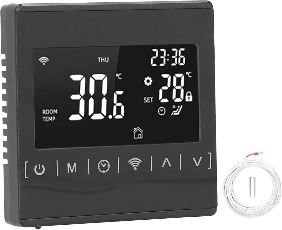 Slimme Thermostaat - Temperatuurregelaar - Vloerverwarming Regelen - App & Spraakbesturing - 85x85 mm - Zwart — afbeelding 1