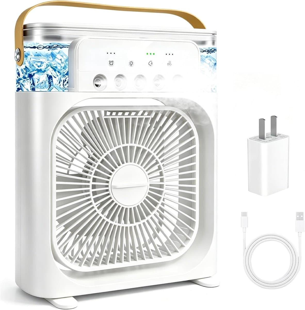 Draagbare airconditioner met ventilator, mini-verdampingskoeler met 5 sproeimondstukken, 3 windsnelheden, 3 timers, 7 kleuren LED-verlichting, 600 ml persoonlijke airconditioner/ventilator voor slaapkamer, kantoor en camping (wit) — afbeelding 1