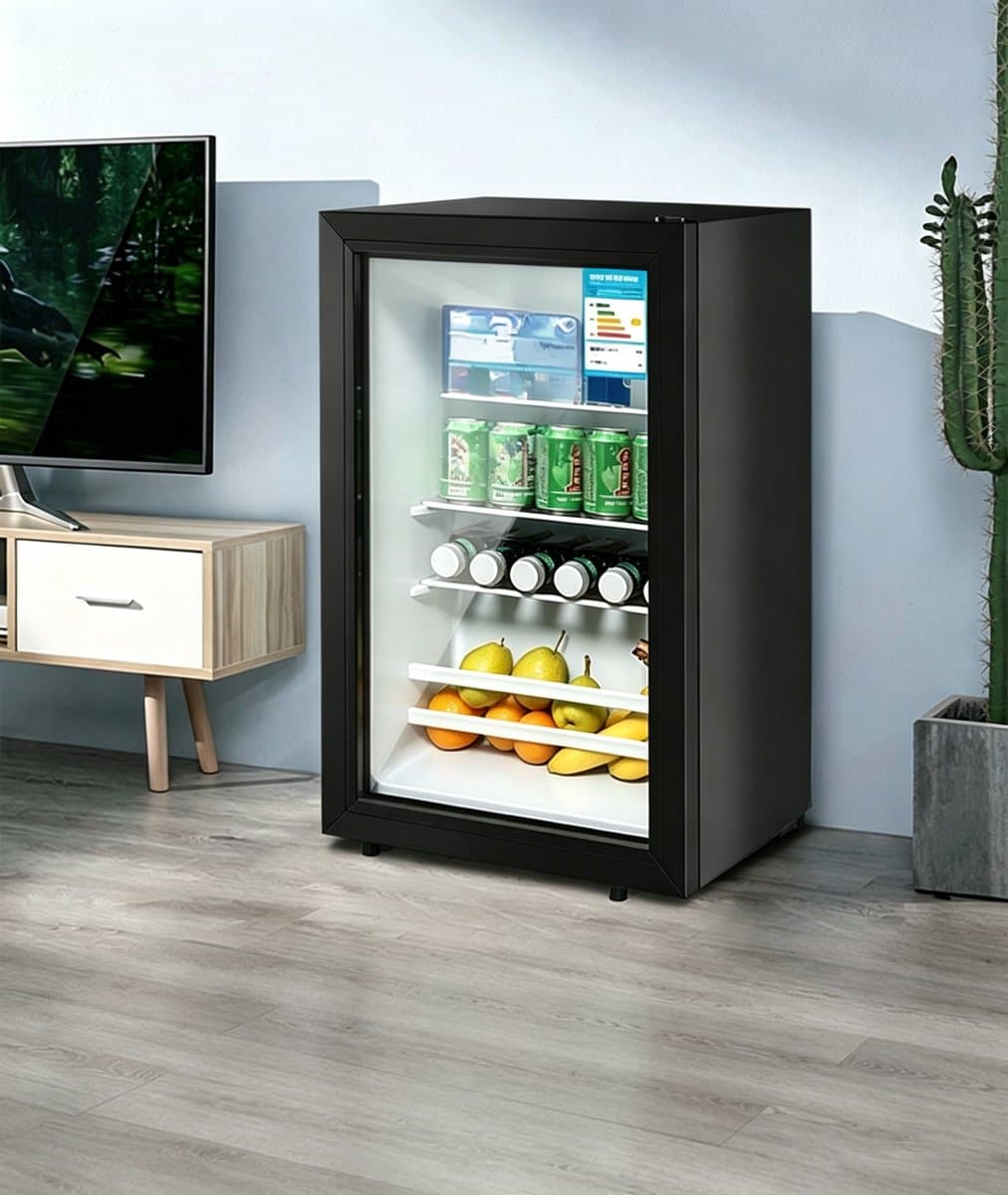Zwarte vrijstaande minikoelkast met een glazen deur van één laag Het krachtige koelsysteem houdt bier cocktails frisdranken en sap langdurig op een comfortabele temperatuur Geschikt voor dagelijks gebruik thuis en op kantoor — afbeelding 1