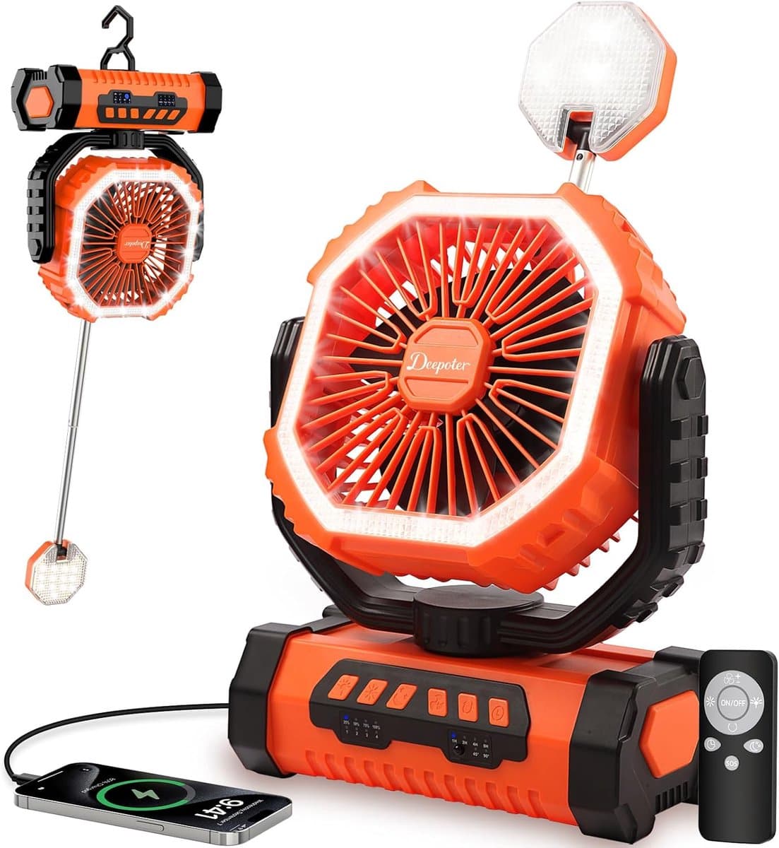 Camping ventilator met LED lamp, oplaadbare USB tafelventilator 20000mAh stil en draagbaar voor tent, reizen en buitengebruik — afbeelding 1