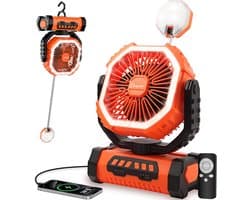 Camping ventilator met LED lamp, oplaadbare USB tafelventilator 20000mAh stil en draagbaar voor tent, reizen en buitengebruik