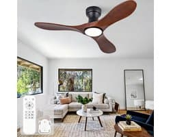 Plafondventilator 42 inch voor woonkamer, patio en slaapkamer - met verlichting en afstandsbediening - 3 kleurtemperaturen - 6 snelheidsstanden - 3 gebogen massief houten bladen - zomer/wintermodus