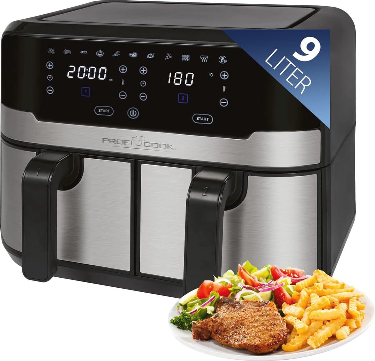 Hete Lucht Friteuse 9 Liter met Dubbele Kamer - XXL Frituurpan met Touchscreen en 9 Programma's — afbeelding 1