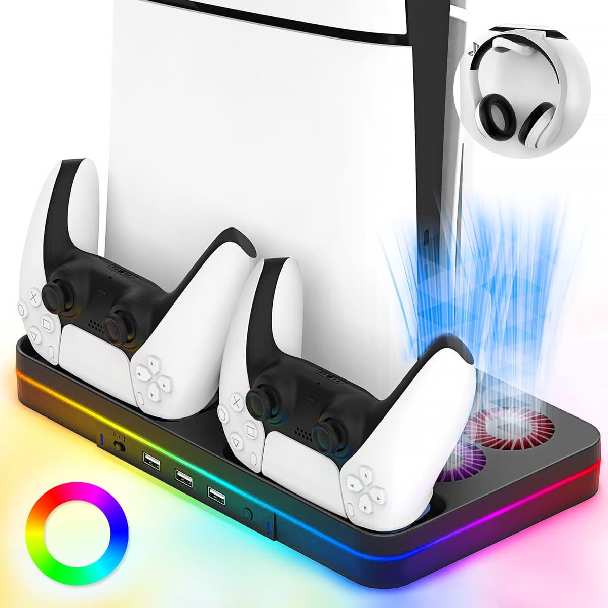 PS5 Slim Oplaadstation met Dual Koeling - Koeling Station Geschikt voor PlayStation 5 Slim Digital + Disc Edition - RGB Verlichting - PS5 DualSense oplaadstation - 3 USB -Headset Houder - Playstation 5 Slim Accessoires — afbeelding 1