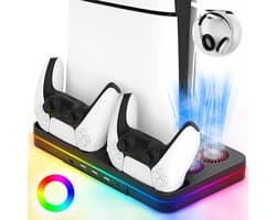 PS5 Slim Oplaadstation met Dual Koeling - Koeling Station Geschikt voor PlayStation 5 Slim Digital + Disc Edition - RGB Verlichting - PS5 DualSense oplaadstation - 3 USB -Headset Houder - Playstation 5 Slim Accessoires